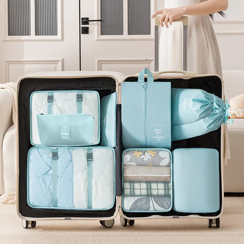 9Pcs Travel Organizer Bags Suitcase Packing Cubes Portable Fold Wardrobe Luggage Clothes Makeup Digital Shoe Storage Bags