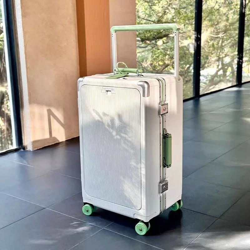 Front opening luggage with aluminum frame, ice skating wheel, leather suitcase, pull rod suitcase, women's suitcase, small suitc