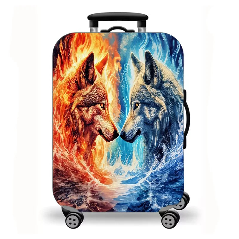 Luggage Cover, Fantasy Wolf Lion Tiger Fire Ice Print Stretch Suitcase Protector, Washable Anti-Scratch Travel Baggage Cover
