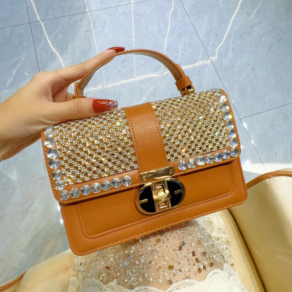 Fashion Textured PU Square Bag Crystal Rhinestones Diamond Women's Handbag Shoulder Messenger Bag Lady Purse Female Casual Bag