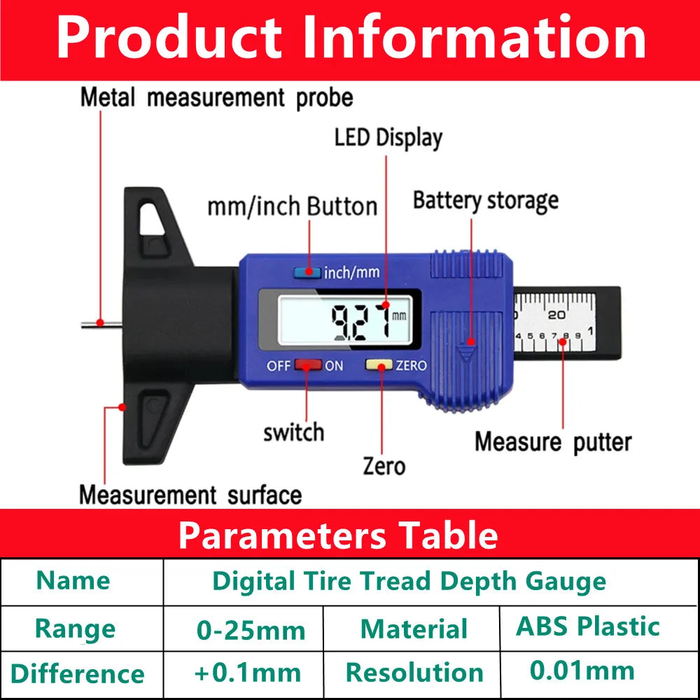 Digital Depth Gauge Caliper Tread Depth Gauge LCD Tire Tread Gauge For Car Tire 0-25mm Measurer Tool Caliper Repair Depth Tools