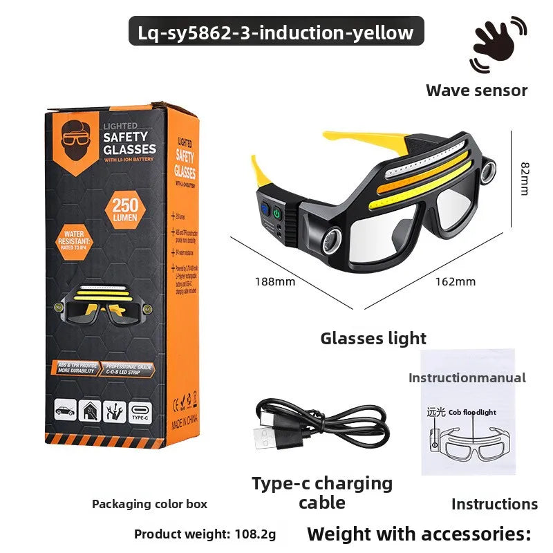 COB LED Glasses Headlamp USB Rechargeable 5 Modes Lightweight 90g Waterproof Head Light for Fishing Cycling Camping Repair Work