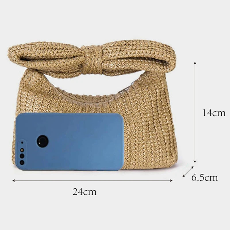 Summer Straw Woven Clutch Bag Women Bow Purse Vacation Beach Tote Party Wedding 2024 New Luxury Design Zipper Evenging Handbags