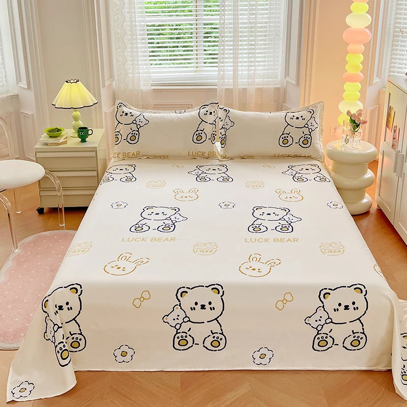 1PC or 3PCS Bed Flat Sheet Pillowcases Bed Cartoon Printed Top Sheets Single/Queen/King Flat Bedsheets Home Bed Linen Sheets