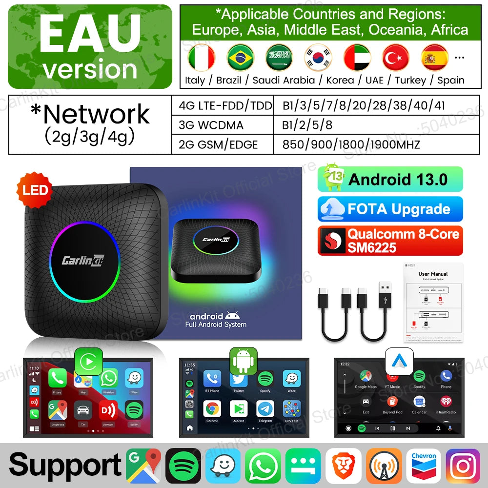 2026 CarlinKit CarPlay AI Box Android 13.0 SM6225 8-Cores Android Auto Wireless CarPlay Adapter 2.4+5GGPS 64G 128G FOTA Upgrade