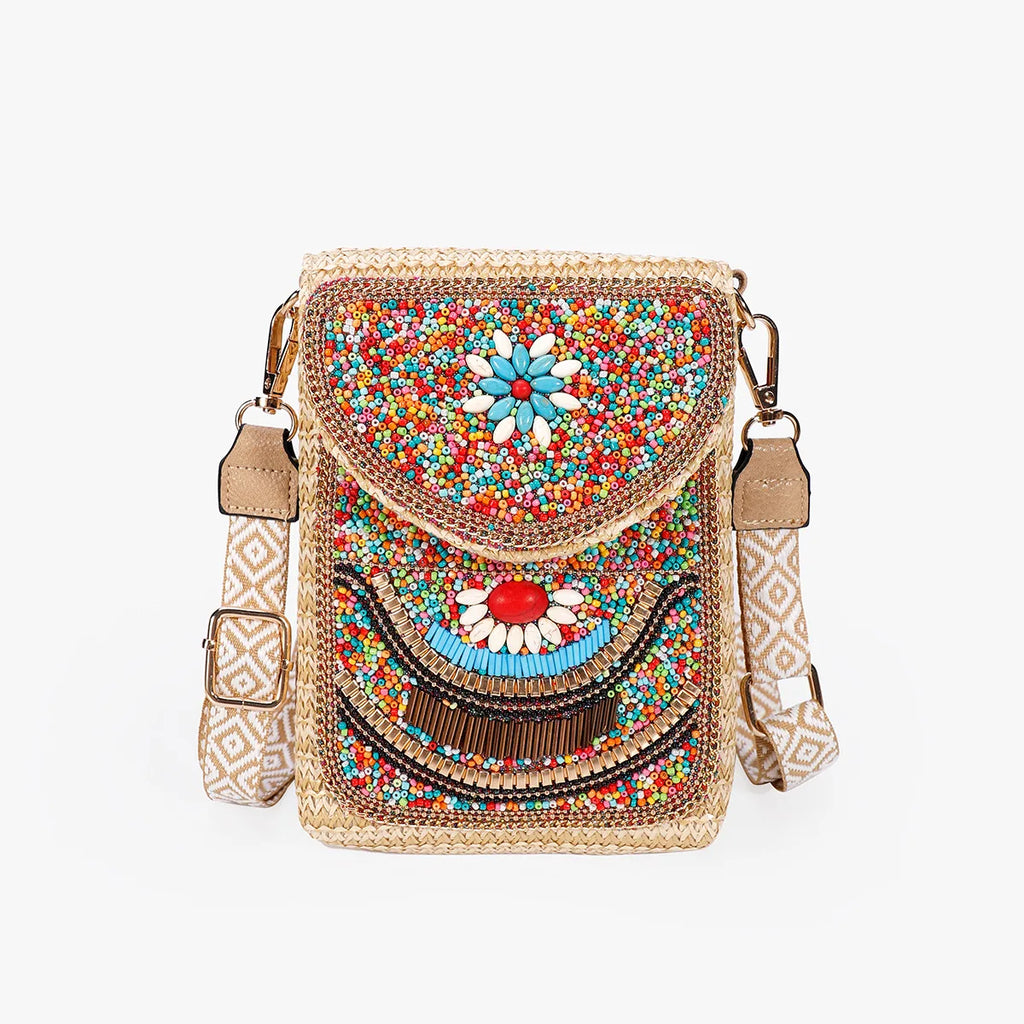 Advanced straw woven crossbody bag, new fashionable rice bead bag, European and American woven women's shoulder phone bag