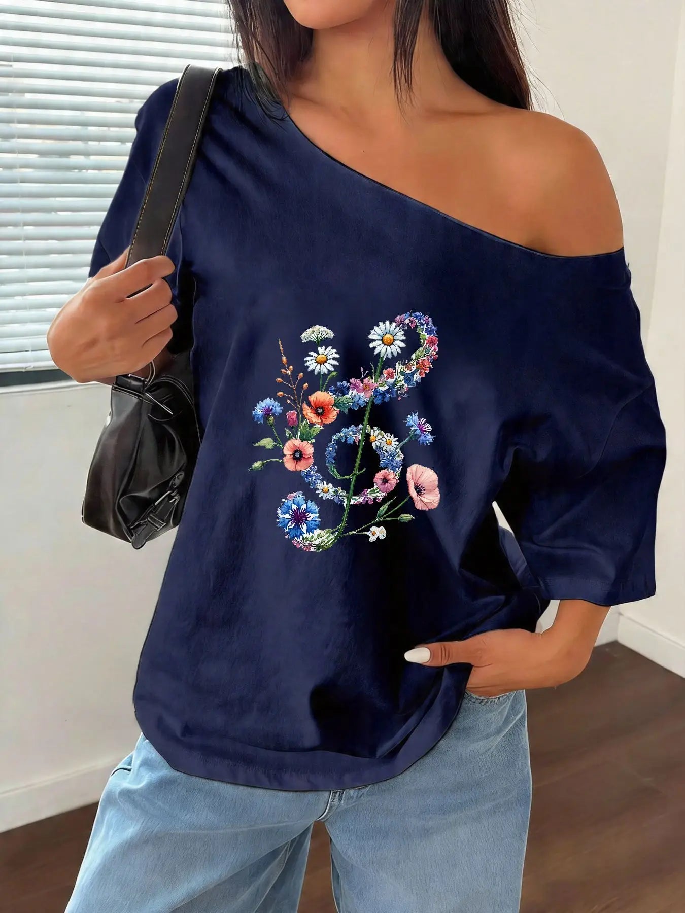 100% Cotton Plus Size Floral Music Note Print Shoulder Loose Print T-Shirt Oversized Y2K Style Graphic Tees Women Tops Summer