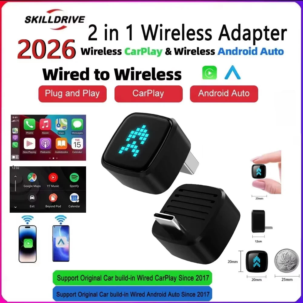 Skilldrive 2026 mini 2 in 1 Wireless CarPlay Apapter Type C Port CarPlay Android Auto USB Converts Wired to Wireless Plug & Play