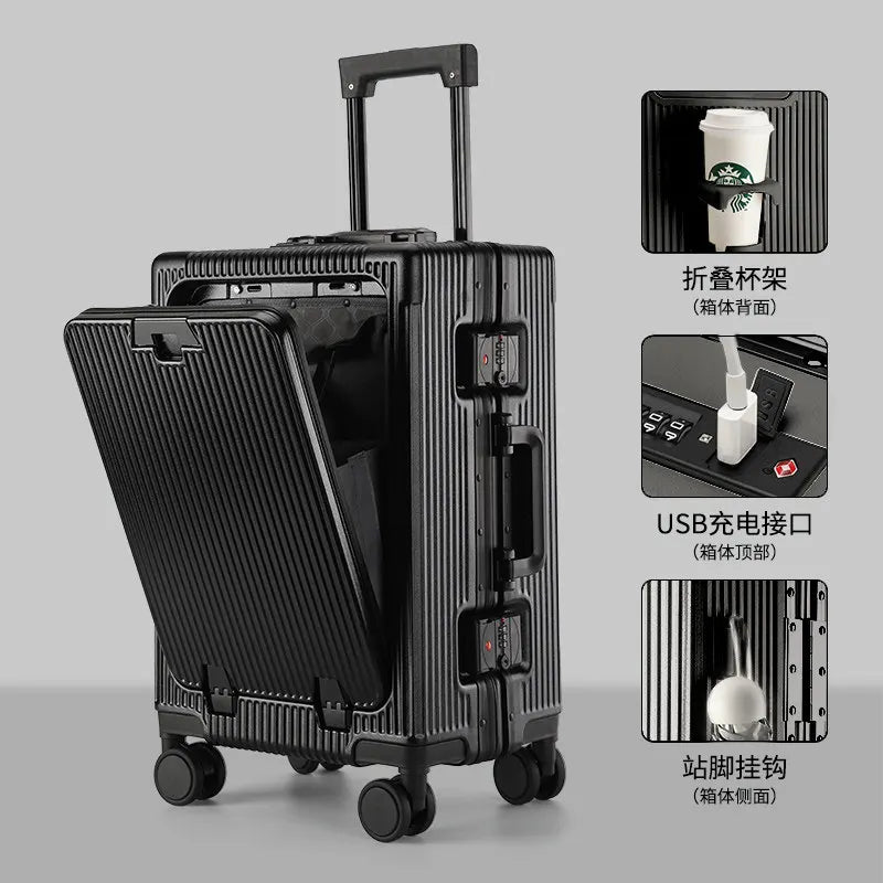 2026 new front opening luggage compartment, multifunctional business travel suitcase, sturdy passenger boarding suitcase