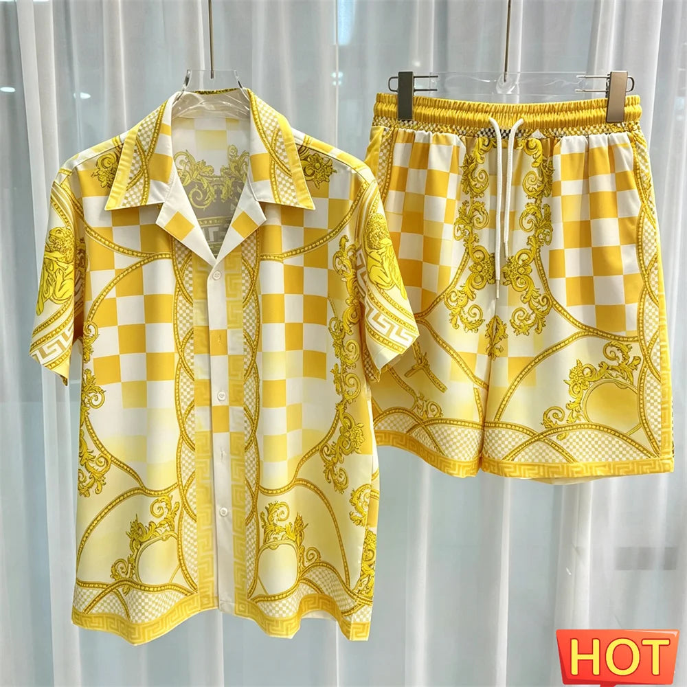 Gradient Leisure vacation two-piece set Summer mens shirt set men's matching sets menswear clothing Two piece shorts shirt sets