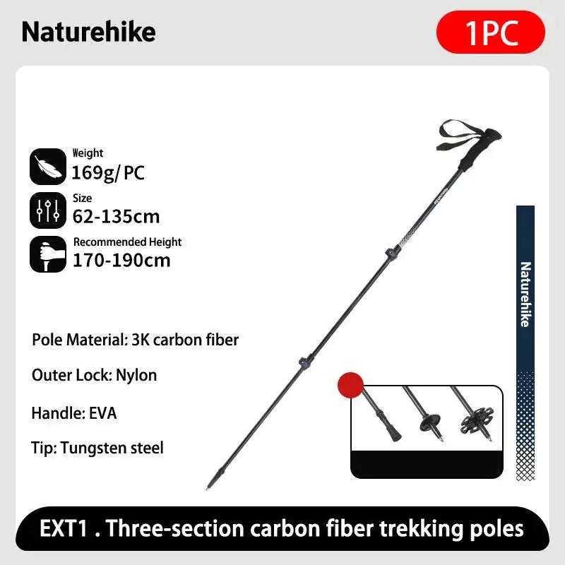 Naturehike 3-section Carbon Fiber Hiking Poles Ultralight Telescopic Trekking Poles Outdoor Hiking Camping Walking Stick