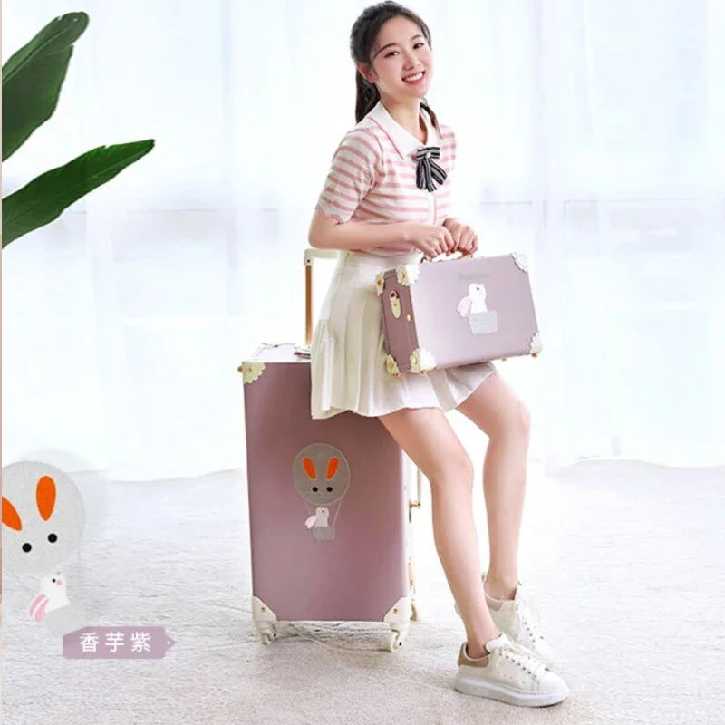 20 "22" 24 "26  Retro Travel Suitcase PU Leather Luggage Set With Wheels Rolling Trolley Case Pink Big Capacity Portable Valise