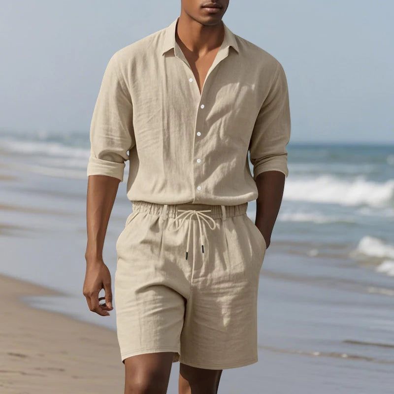 Men's Loose Trendy Linen Two-Piece Set: Shirt and Drawstring Shorts, Lightweight Summer Beach Casual Sports Outfit