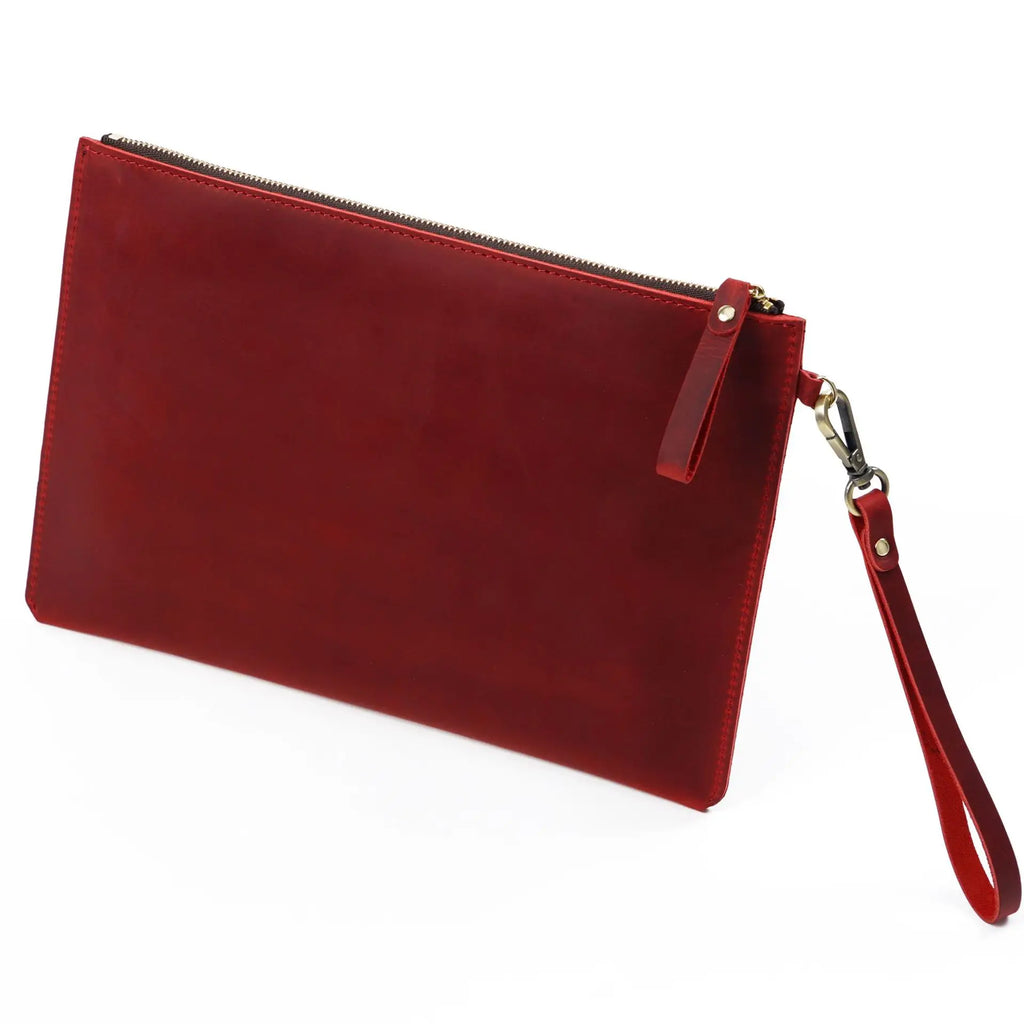 Handmade Vintage Men's Top-Grain Leather Briefcase - Medium Waxed Leather Zippered Document Organizer Clutch Bag