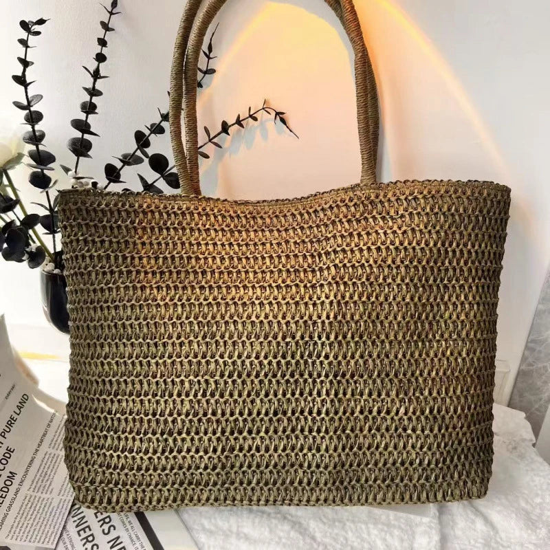 Summer French Elegant  Raffia Straw Tote Bag Women Large Capacity Minimal Shoulder Bag Magnetic Buckle Beach Shopping Handbag