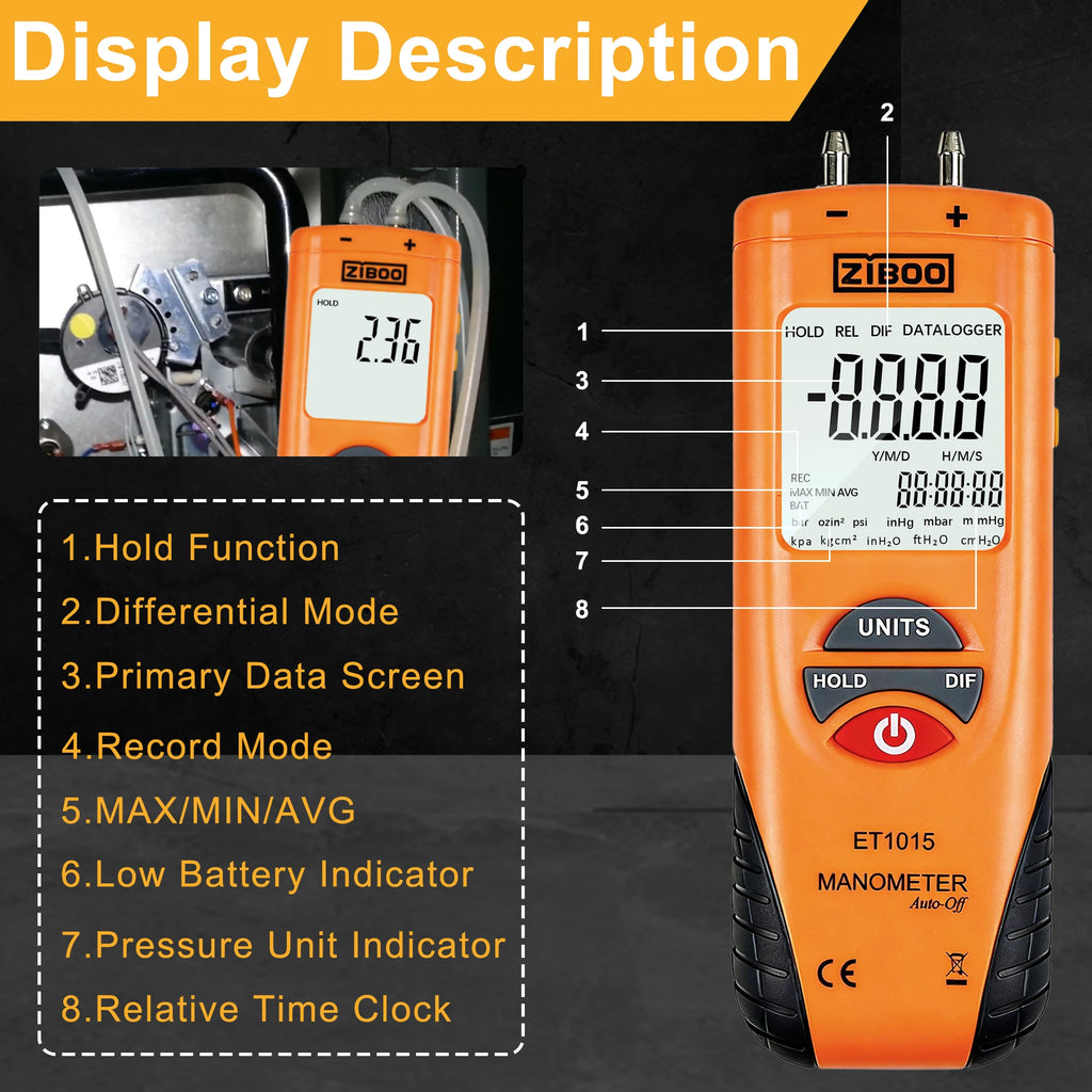 ZIBOO ET1015 Digital Manometer, Dual Port Differential Pressure Gauge, ±100 PSI Air and Gas Pressure Tester.