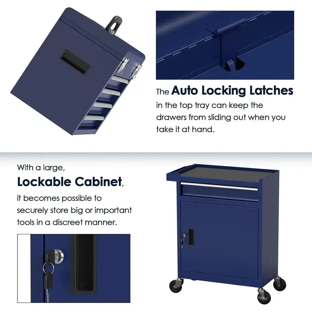 Portable 5-Drawer Metal Tool Chest with Wheels, Lockable Storage Cabinet for Workshop and Garage (Blue)
