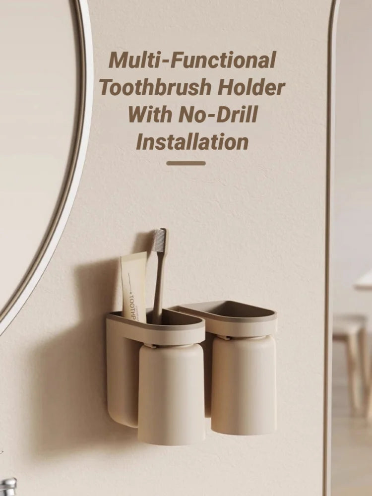 Innovative No Drill Wall Mounted Light Luxury Toothbrush Mouthwash Cup Storage Rack Couple Bathroom Organizer
