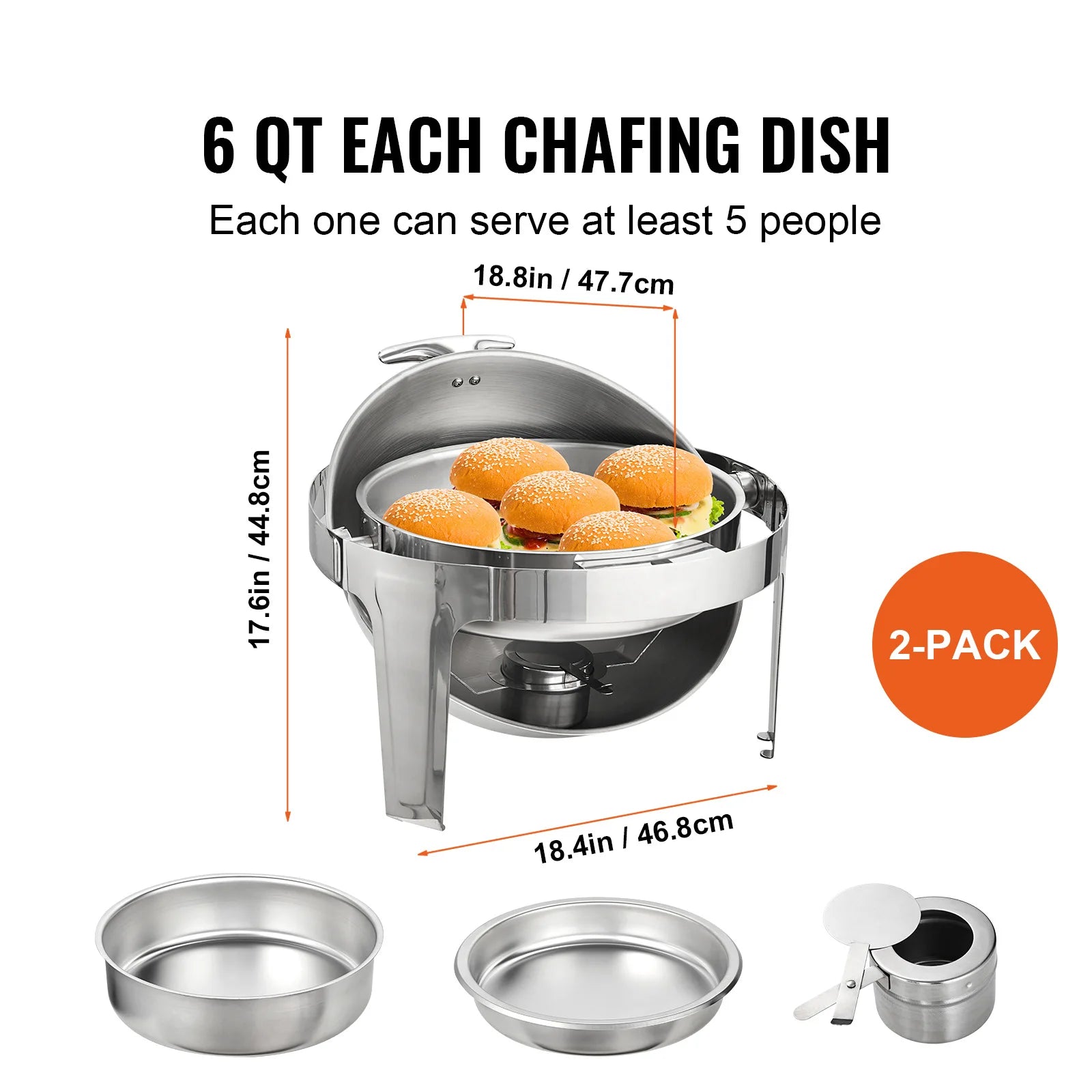 SucceBuy Roll Top Chafing Dish Buffet Set 6 Qt 2 Pack Stainless Steel Chafer with 2 Full Size Pans Round Catering Warmer Server