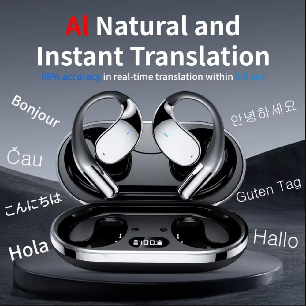 Bluetooth 5.4 Earphones AI Real Time Translation Support 144 Language Wireless Earbuds HiFi Noise Reduction Headphones Ear-hook