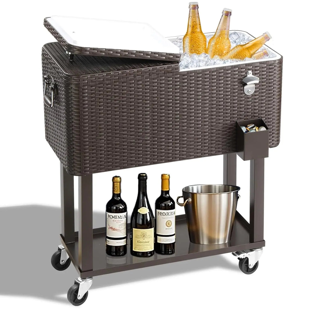 80 Quart Rolling Ice Chest,Portable Bar Drink Cooler,Catch Basin,Bottom Storage Tray & Bottle Opener, Custom