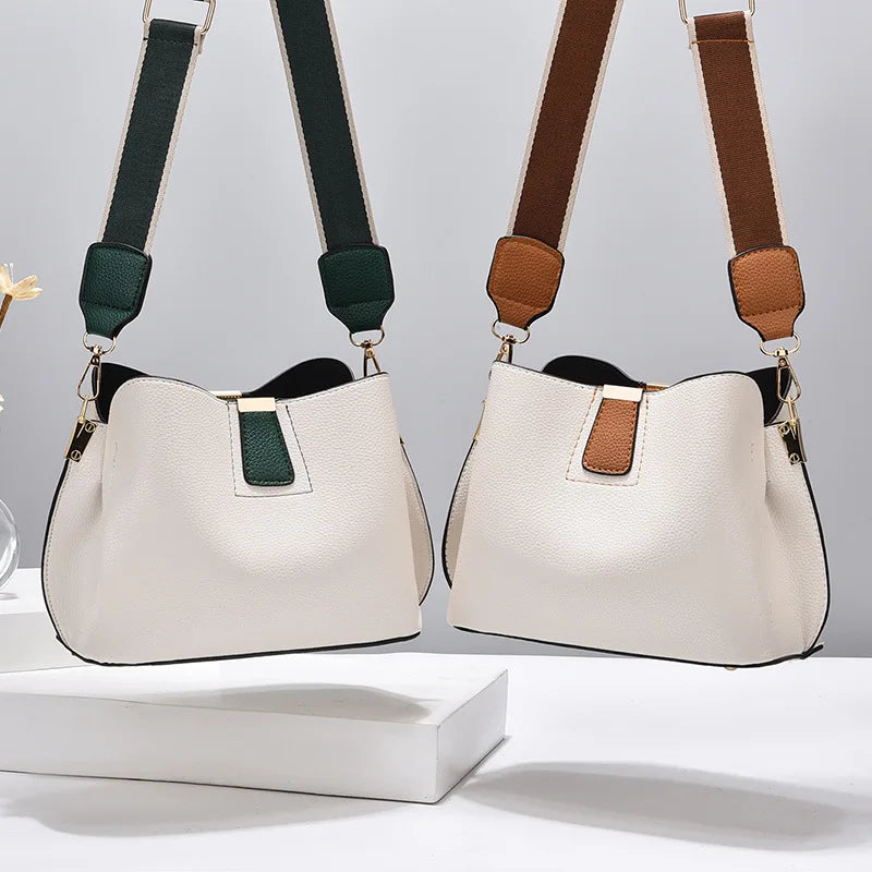 Minimalist Bucket Bag with Contrast Colors Strap & Hardware, Soft Textured Leather, Adjustable Crossbody Strap for Daily Wear