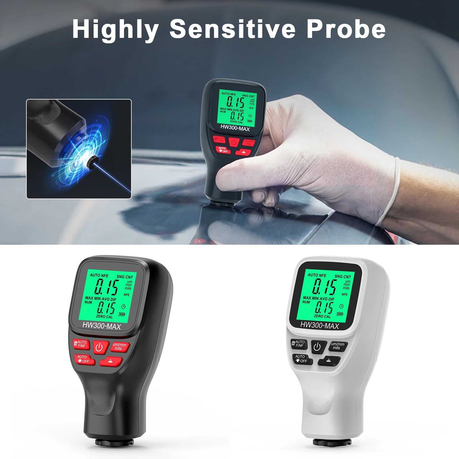 HW300-MAX Car Coating Thickness Gauge 0-2000UM Car Paint Film Thickness Tester Paint DFT Measuring Meter