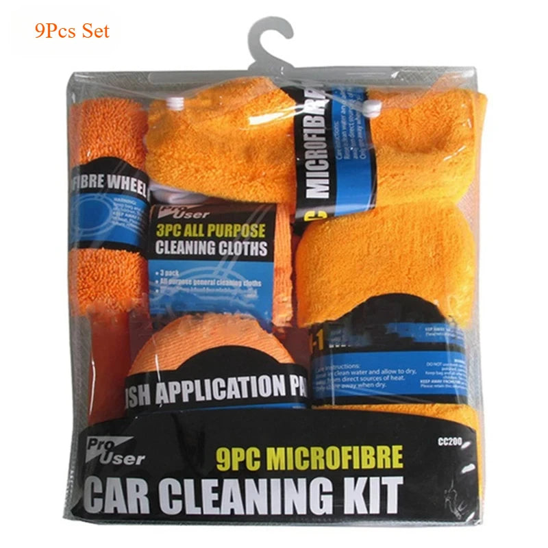 Car Wash Cleaning Set 9pcs Microfiber Towels Blush Sponge Wash Glove Polish Care Applicator Pads Auto Detailing Washing Tools