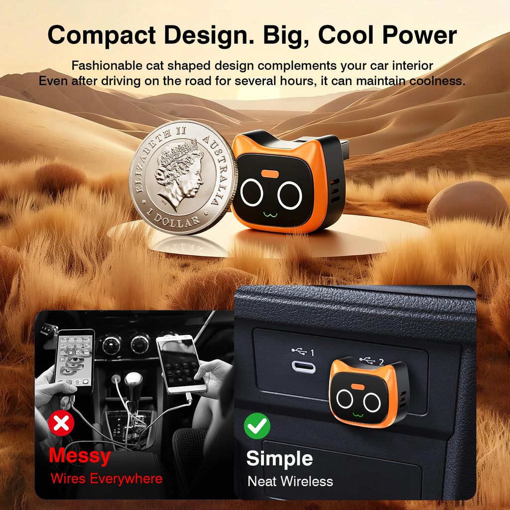 Mini Wireless CarPlay and Android Auto Adapter—converts wired CarPlay to wireless CarPlay, with button controls and one-touch disconnection (to protect privacy during calls)