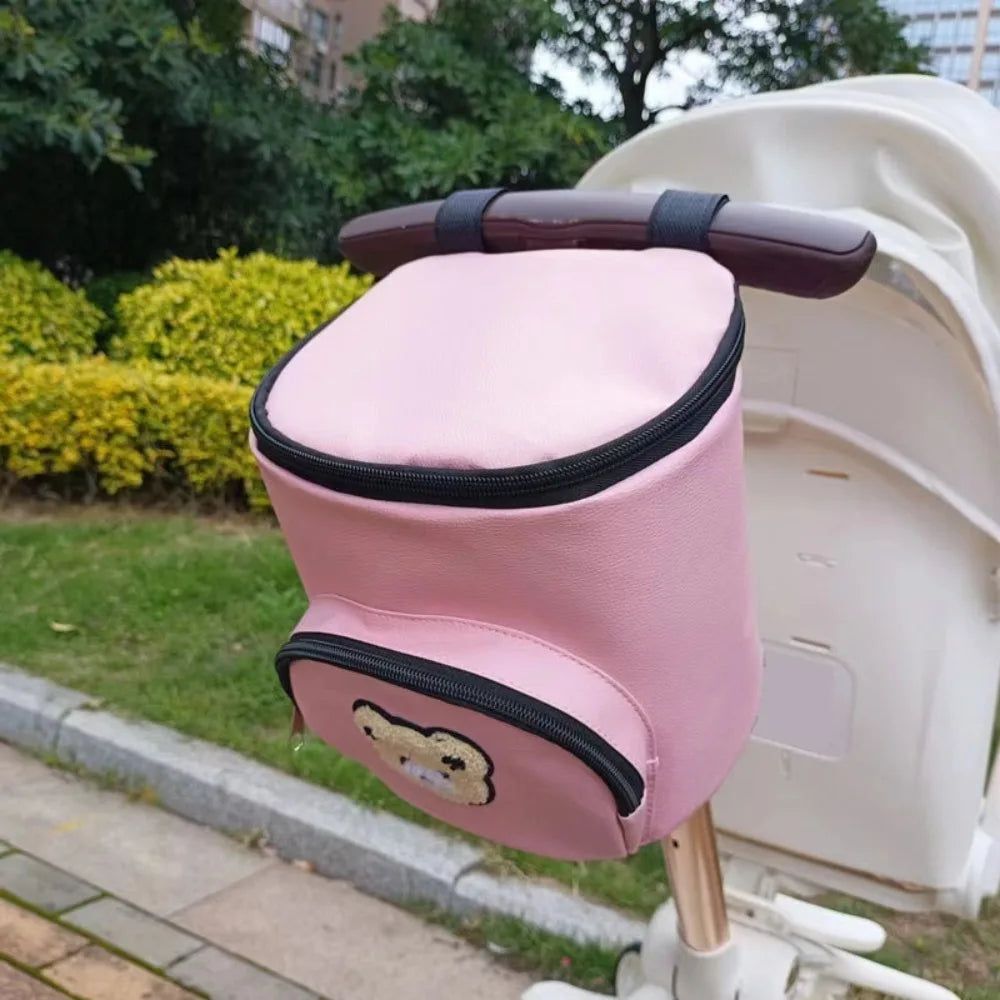 Cute Waterproof Baby Stroller Hanging Bag PU Leather Cartoon Bear Umbrella Cart Bags Large Capacity Mommy Storage Bag