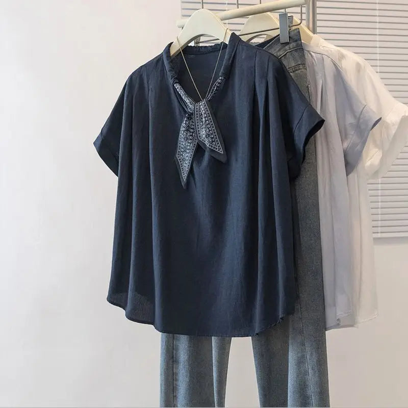 Plus-size women's spring and summer solid color casual beret collar with inner and outer wear V-neck short-sleeve T-shirt