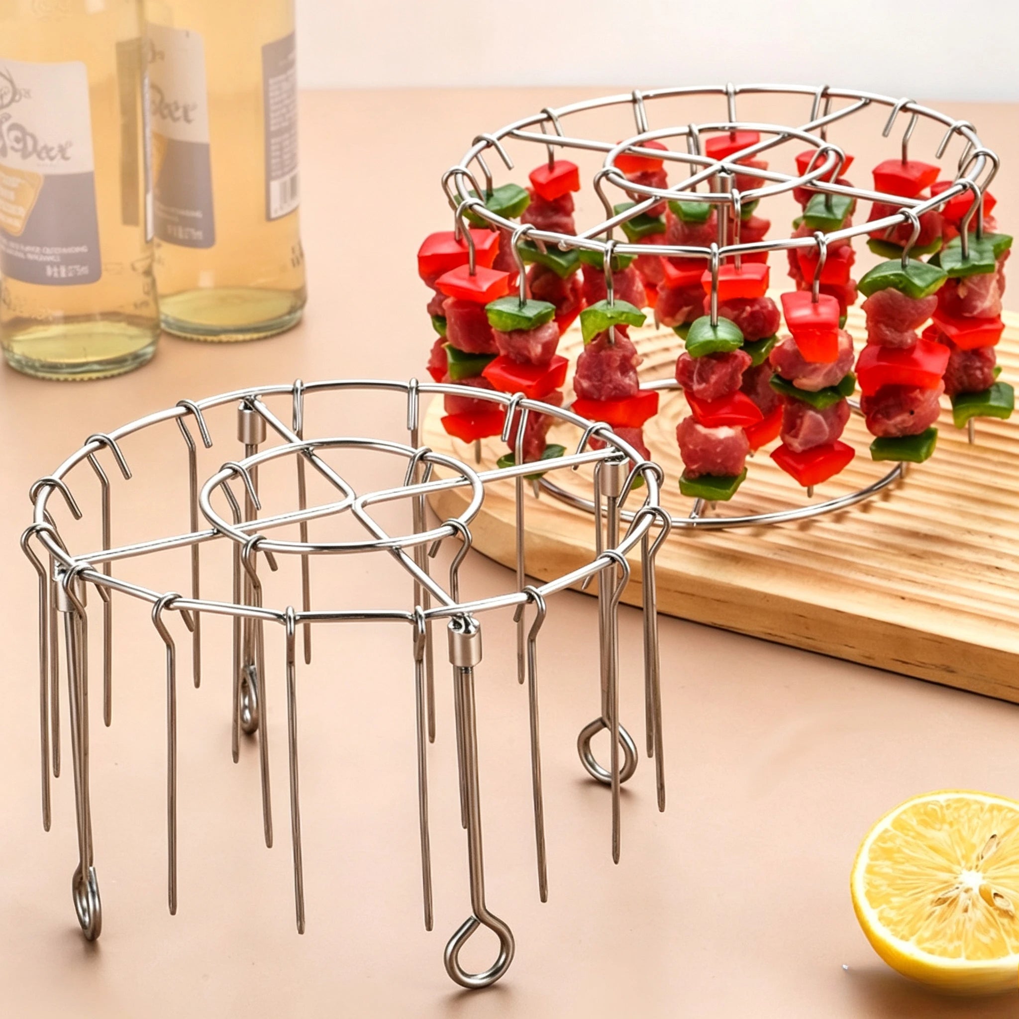 Round Stainless Steel Barbecue Skewer Rack Vertical Grill Holder with Hanging Skewers for Air Fryer BBQ Kitchen Cooking Tool