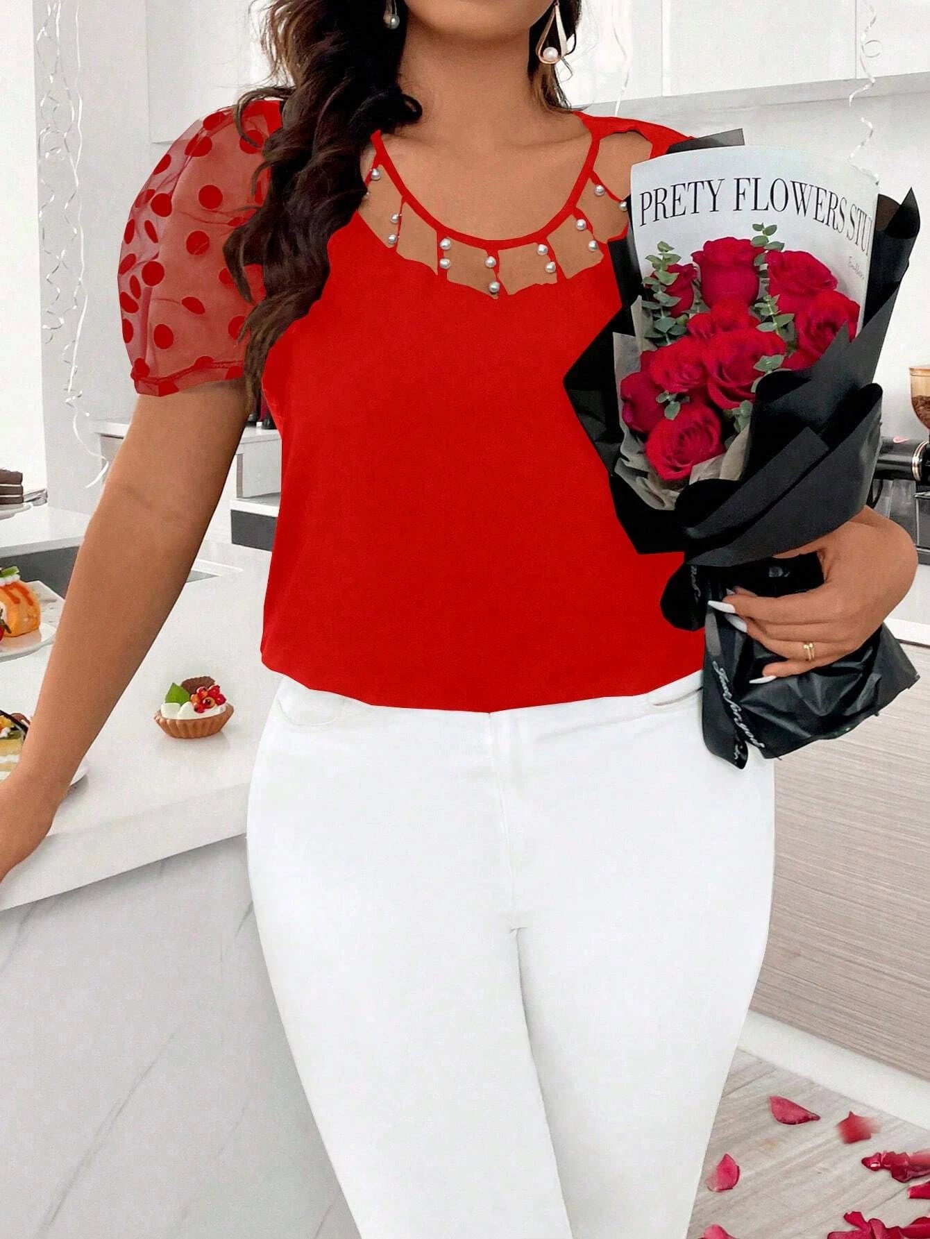 Plus Size Round Neck Mesh Puff Sleeve Pearl Cutout Red Curved Hem Blouse, Tee For Casual & Party Women