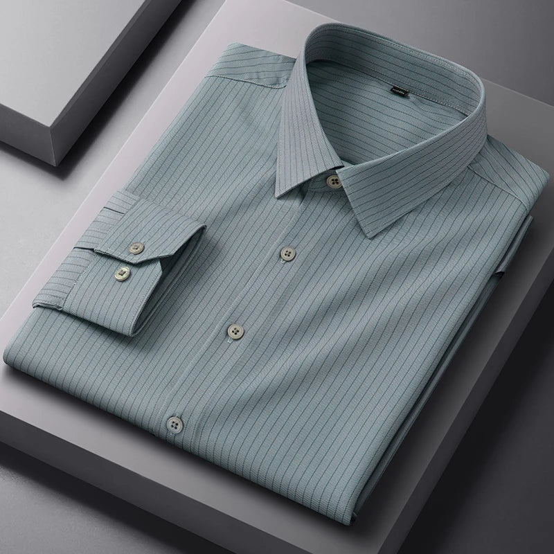 New Anti-Wrinkle Men Shirts Long Sleeves Dress Shirts For Men Slim Fit Camisa Social Business Blouse Plaid Striped Office Shirt