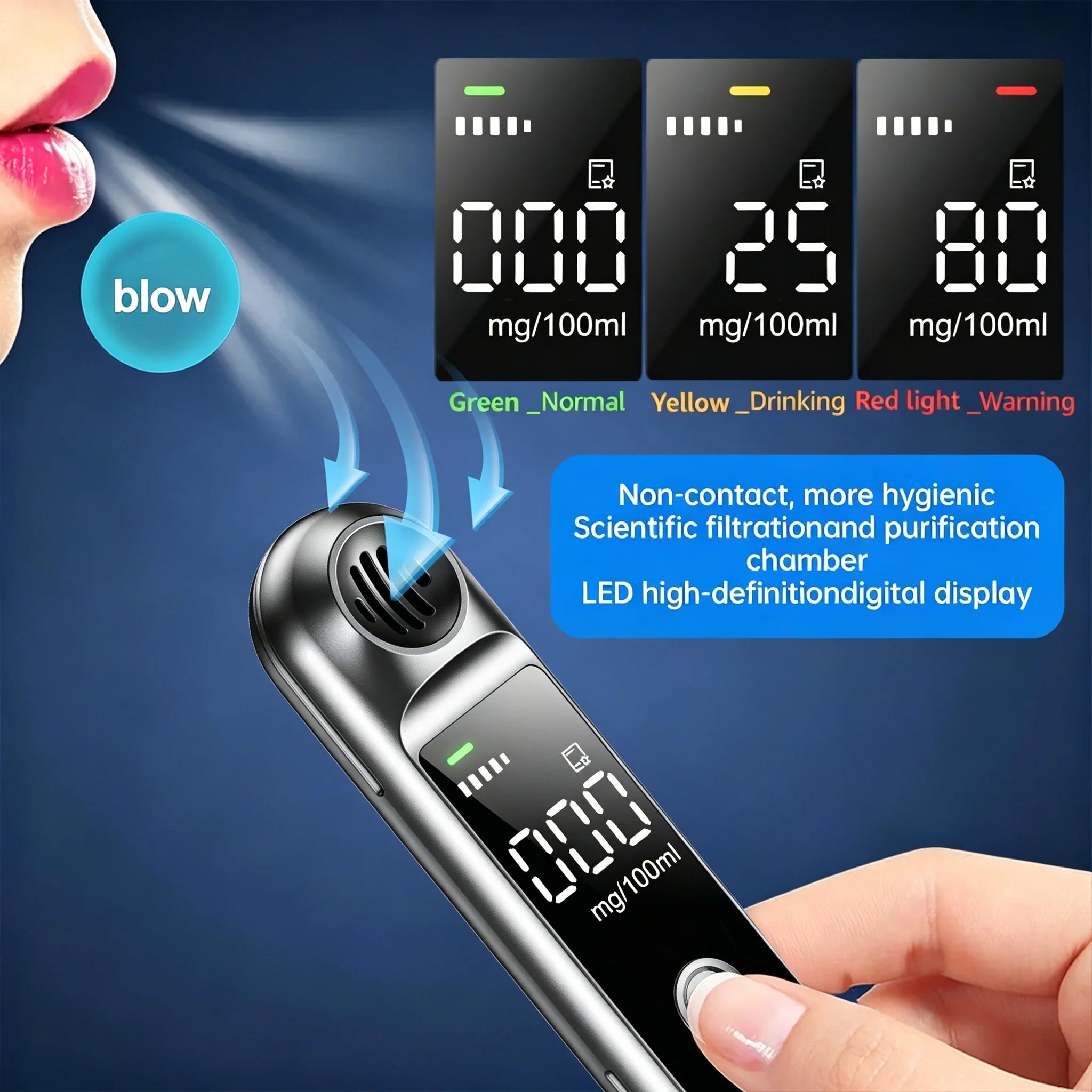 Breathalyzer Portable, Digital Rechargeable Alcohol Detection Testing Tool,Personal Alcohol Tester,,Compact and Exquisite