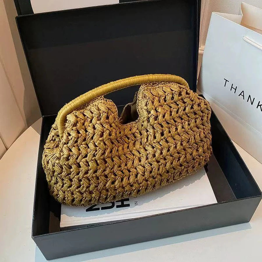 Natural Fiber Snap Clutch Bag,Spanish Seaside Women's Straw Woven Handbag,Summer Beach Travel Vacation Evening Elegant Purse