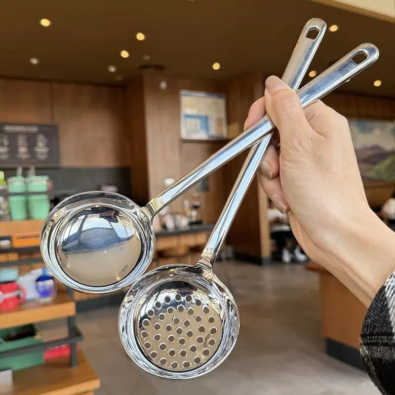 2pcs/set Soup Spoon and Slotted Spoon Set Long Handle Hot Pot Serving Utensil with Ergonomic Grip for Home Kitchen Use