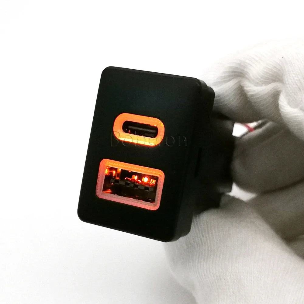 12V/24V Fit for Toyota Spade 2012-2016 LC76 2019-2024 Car Dual QC3.0 USB TYPE C PD Charger Socket Adapter Orange LED