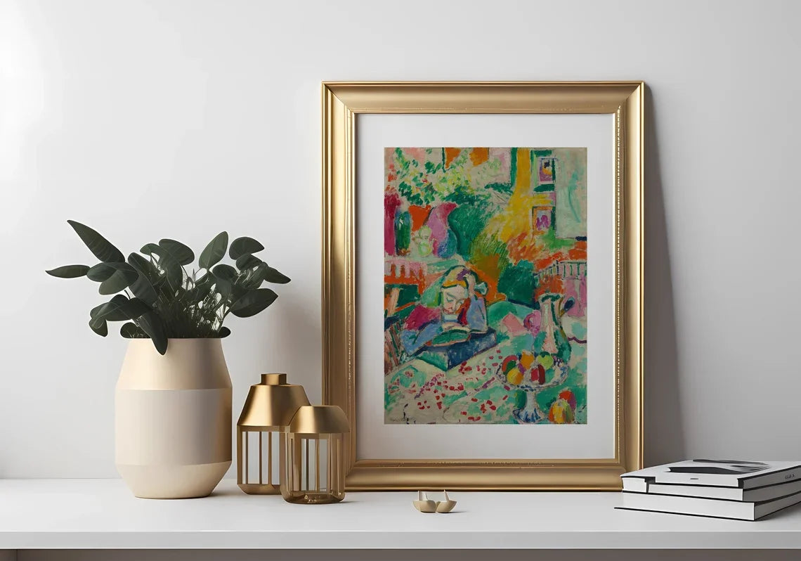 Woman Reading by the Window Poster, Cozy Book Lover Wall Art, Warm Yellow Interior Painting, Modern Impressionist Home Decor
