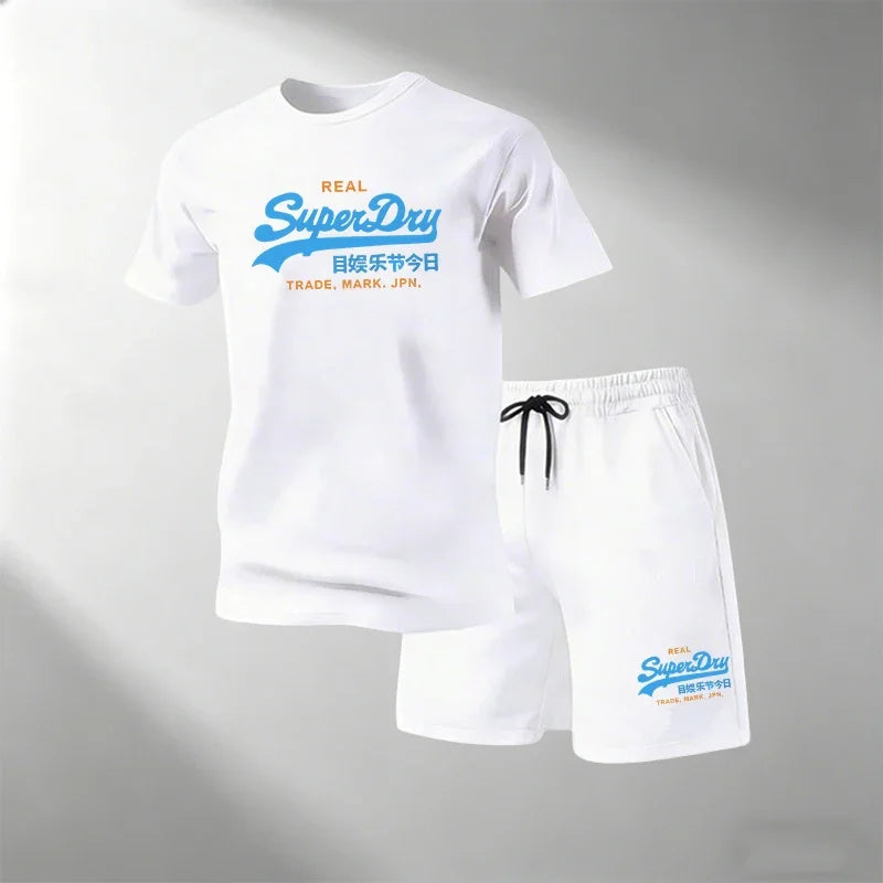 Summer Street Fitness Men's T-Shirts Sets Short Sleeve T-Shirt + Shorts Quick Dry Breathable Round Neck Running Suit Hot Sale