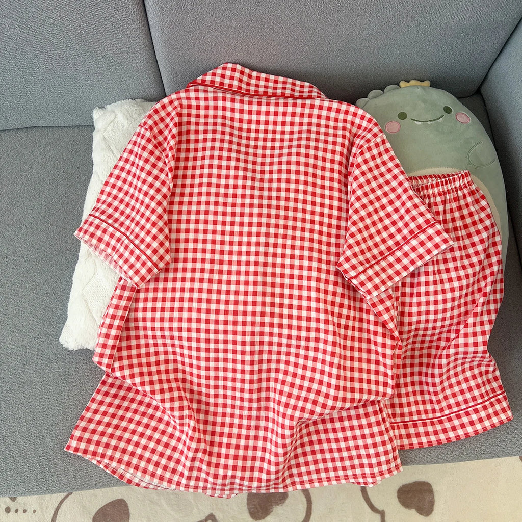 Women's Summer Pajamas, Thin Plaid Pattern Short-Sleeved Shorts, Sweet and Cute, Can Be Worn Outside in Summer, Two-Piece Home Wear Set