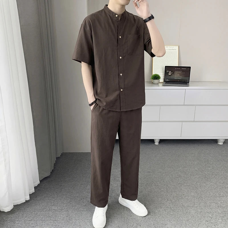 Men's Cotton Linen Blend 2-Piece Set, Stand Collar Short Sleeve Shirt & Pants, Breathable Casual Summer Outfit for Daily Wear