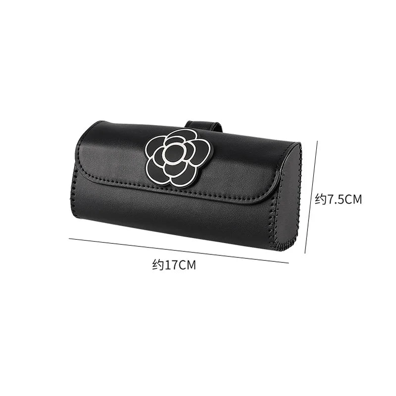 Camellia Flower Leather Car Glasses Holder Universal Sunglasses Case Sunshade Organizer Storage Box Auto Interior Accessories