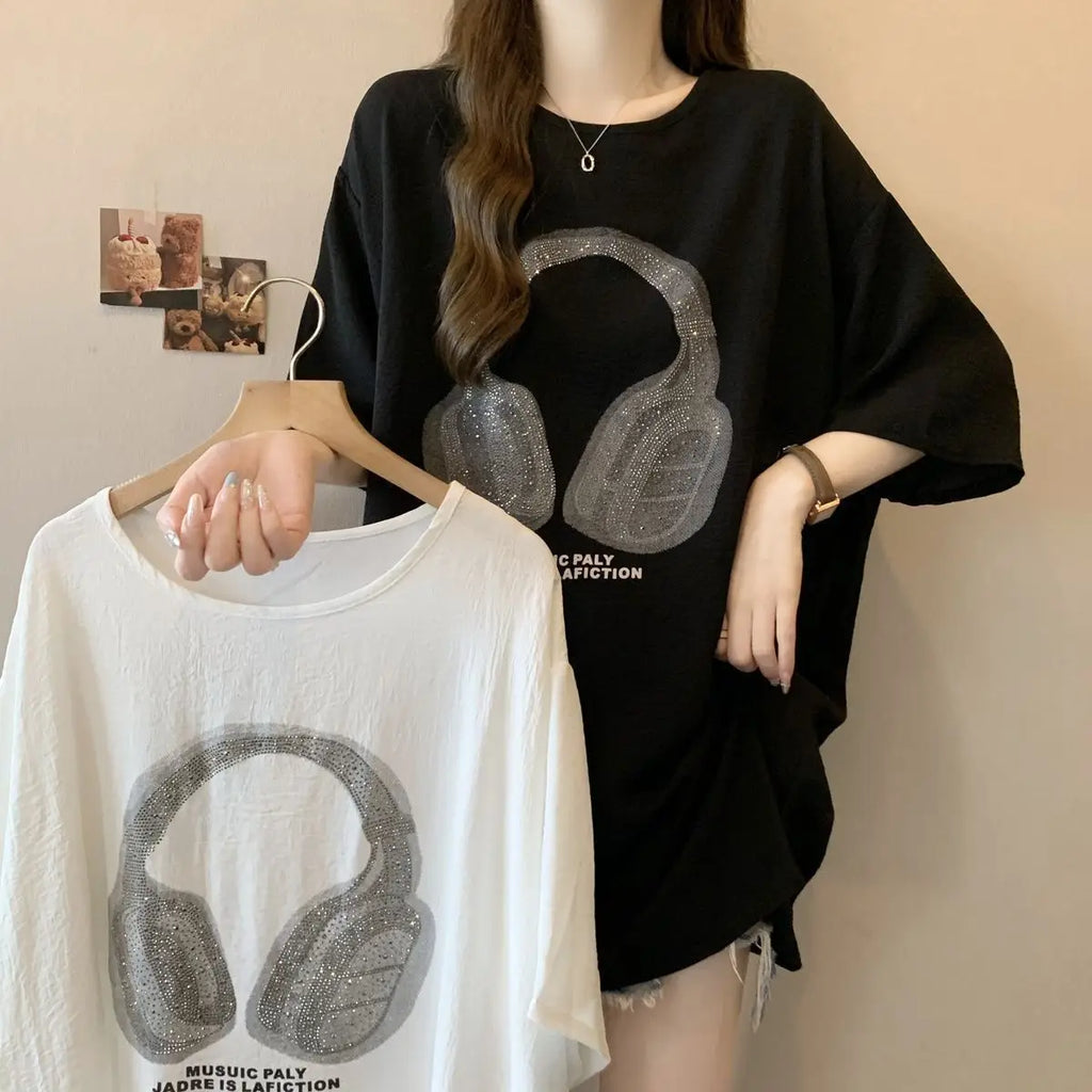 Plus-size women's spring and summer hit loose slimming crinkled ice silk heavy-duty iron-on rhinestone short-sleeve T-shirt