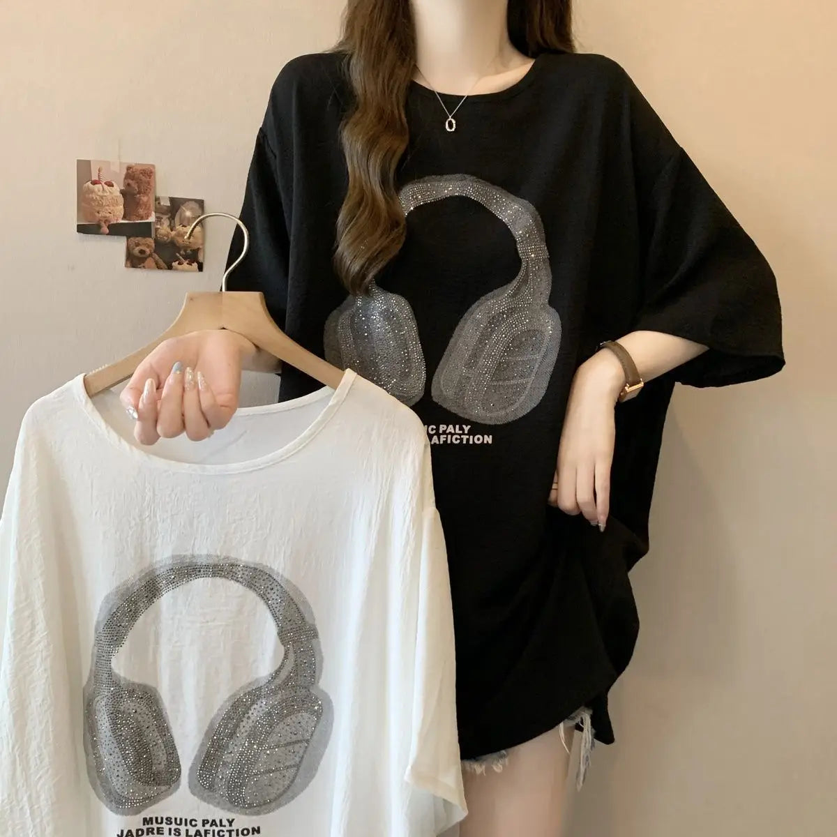 Plus-size women's spring and summer hit loose slimming crinkled ice silk heavy-duty iron-on rhinestone short-sleeve T-shirt