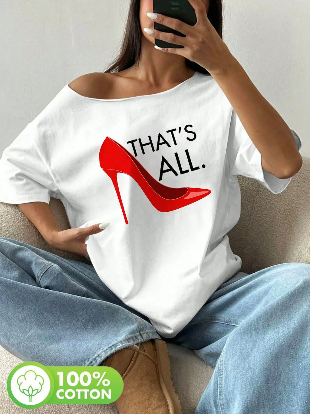 Plus Size Floral Print Off Shoulder T-Shirt Loose Fit Y2K Summer Cotton Tee