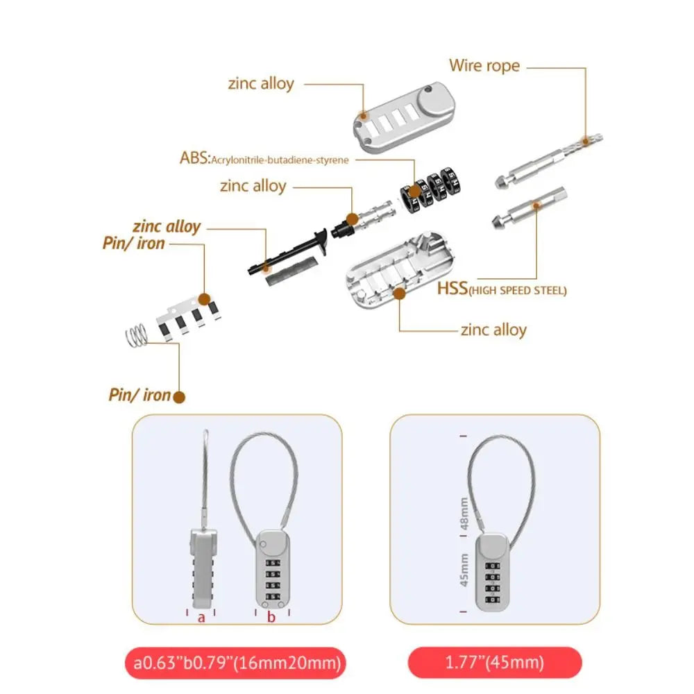 Durable 4 Digit Combination Code Number Lock With Spring Coil Anti-theft Cable Code Lock Wire Rope Password Lock Zipper Bag
