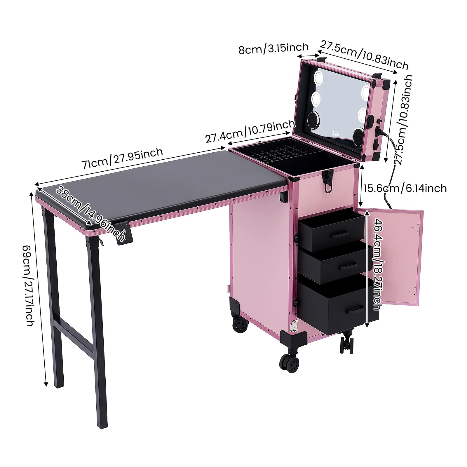 3-Tier Foldable Makeup Trolley with Lockable Drawers and Combination Lock, Mobile Beauty Case with Fold-out Table for On-Site Makeup
