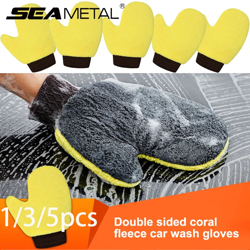 SEAMETAL 1/3/5pcs Microfiber Car Wash Gloves Double Sided Coral Fleece Car Polishing Washing Mitt Gloves for Car Home Cleaning