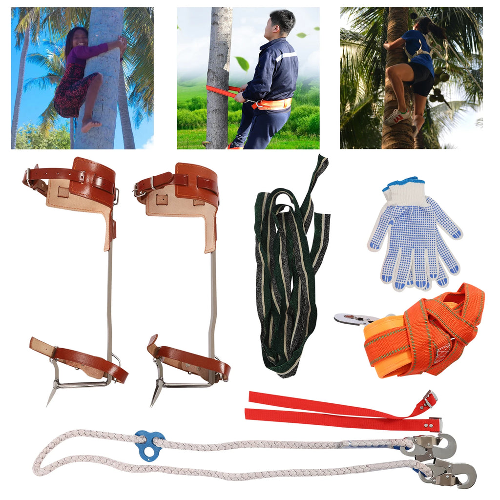 Climbing Pitons, Tree Climbing Gear, Double Claw Climbing Tool, Stainless Steel with Thickened Pedal, Reinforced Curved Frame, Safety Belt, Rope, Gloves, Secure Dual Buckle System, 220lbs Load, Outdoor Mountaineering Arborist